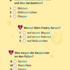 Drei Fragen mit Auswahlmöglichkeiten zu Insekten, Fortbewegung und Fußbekleidung, dekoriert mit Sternen und Herzen.