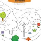 „Die Farben des Waldes“ steht oben. Darunter eine Malvorlage mit Bäumen, Blumen und einem Pilz auf einem Weg.