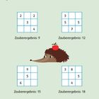 Kannst du die Zauberquadrate lösen? Magische Quadrate mit Igel und Zauberergebnissen: 9, 12, 15, 18.