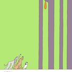 "Hey, Eichhorn, kommst du mit uns spielen?" Drei Hunde schauen zu einem Eichhörnchen im Baum hoch. Illustration.