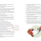 Zwei Textseiten mit Regeln des höflichen Verhaltens. Unten rechts eine farbige Illustration zweier Händeschütteln.