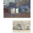 Texte: "Tunis – Porta de Bab el Khadra", "Section D". Oben ein impressionistisches Gemälde, unten eine historische Postkarte.
