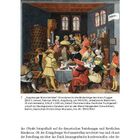 Text oben rechts: "Instrumentis". Mehrere Personen in historischer Kleidung sitzen und stehen um einen Tisch mit Speisen und Getränken.