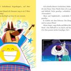 Links Text über Einhörner und fröhliche Geschichten. Rechts ein Hund mit lila Nase und Schlappohren in bunter Kleidung.