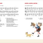 Links: "Hopp, hopp, hopp", mit Noten und Liedtexten. Rechts: "Hoppe, hoppe, Reiter", mit mehr Noten. Illustration: Kind auf Steckenpferd.