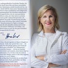 Texte über eine Zusammenarbeit zwischen Hera Lind und Claudia. Rechts daneben eine lächelnde Frau in Weiß mit verschränkten Armen.