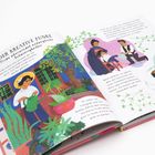 Texte: "Der kreative Funke", "Frida überwindet anfängliche Schwierigkeiten". Illustration: Frida Kahlo im Garten mit Pflanzen.