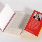 LAURA FRÖHLICH auf rotem Hintergrund mit Bild einer Frau. Offenes Buch mit gelber und rosa Farben am Einband.