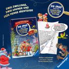 "Zwei Zwillinge, zwei Gauner und jede Menge Abenteuer. Die Jagd nach dem magischen Detektivkoffer. Ravensburger Logo."