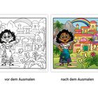 Links "vor dem Ausmalen", rechts "nach dem Ausmalen" einer bunten Illustration mit einem fröhlichen Mädchen.
