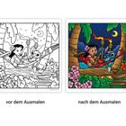 Links: Schwarz-Weiß-Zeichnung; rechts: farbig, Nacht mit Hängematte, tropischen Pflanzen und zwei Figuren.