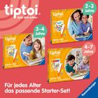 Text: "Für jedes Alter das passende Starter-Set!" 

Beschreibung: Drei Ravensburger-tiptoi-Starter-Sets für verschiedene Altersgruppen (2-3, 3-4, 4-7 Jahre) auf orangem Hintergrund.