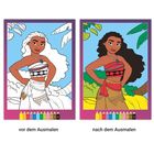 "Vor dem Ausmalen" und "nach dem Ausmalen" sind unter zwei Versionen derselben Figur. Links ist schwarz-weiß; rechts bunt.