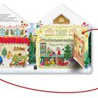 Ein Adventskalenderhaus mit weihnachtlicher Bäckerei und Spielsachen. Texte beschreiben Gerüche und Geräusche zur Weihnachtszeit.