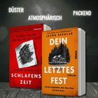 Zwei Bücher: "Schlafenszeit" in Rot, "Dein letztes Fest" in Orange. Texte: "Düster", "Atmosphärisch", "Packend".