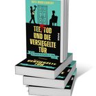 Text: "Tee, Tod und die versiegelte Tür." Illustration: Silhouetten eines Mannes mit Tee, einer Frau und einer Tür.