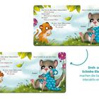 Text: "Tut’s jetzt noch weh? Ein bisschen schon. Wie wäre es, wenn wir dich verbinden?" Illustration mit Tieren auf Wiese.