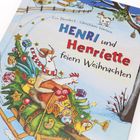 „Henri und Henriette feiern Weihnachten“ steht in bunter Schrift. Eine Illustration zeigt Hühner auf einem Schlitten.
