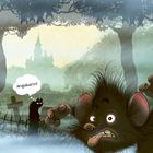 Sprechblase mit "Angeberin!" Ein gruseliges Wesen mit großen Augen im Wald, Schloss im Hintergrund.