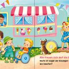 Alle freuen sich auf die letzten Sommertage. Farbenfrohe Illustration mit Eiswagen, Kindern, Hund und Blumen im Blickfeld.