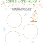 Text: SCHNEEFLOCKEN-KUNST. Stell dir vor, du würdest dir Schneeflocken unter dem Mikroskop anschauen...   

Illustration: Umrandungen von drei Kreisen, ein Mikroskop, Schneeflocken, kleine orangene Symbole wie Geschenke und Sterne.