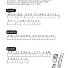 Im Restaurant: Entziffere die Menükarte. Vorspeise, Hauptgericht, Nachspeise. Zahlen müssen Buchstaben zugeordnet werden.