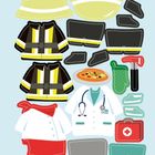 Ein Illustrationsset mit Feuerwehr-, Koch- und Arztkleidung sowie passendem Zubehör auf hellblauem Hintergrund.