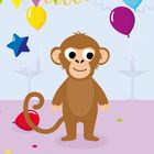 "Logo: Hurra, heute wird gefeiert! Ein Affe steht lachend inmitten bunter Ballons und Wimpel, auf einem lila Boden."