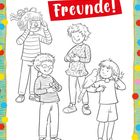 "Beste Freunde!" Text in gelben und roten Blöcken. Illustration von vier Kindern mit Kamera, Kleintieren und Papagei.