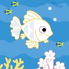 Text: "Blubb! In welchen Farben soll dieser Fisch strahlen?" Illustration: Ein weißer Fisch in buntem Meer mit gelben und blauen kleinen Fischen.