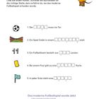 Quiz über die Erfindung des Fußballspiels. Zeichnungen: Maus, Fußball, Stadion, Zahl 11, gelbe Karte, Flagge.