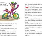 Eine Holzbrücke über einem Abgrund, drei Kinder auf Fahrrädern, besorgt und überrascht, mit Sprechblasen.