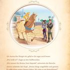 Der Text beschreibt, wie Aurora einen Hengst reitet und einen neuen Namen für ihn vorschlägt. Illustration einer Prinzessin auf einem Pferd.