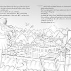 Texte beschreiben, wie Minou auf einem Dach steht, umgeben von einer Stadtansicht mit Vögeln und untergehender Sonne.