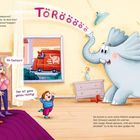Texte: "TÖRÖÖÖÖÖ", "Der ist ja schon etwas groß!", "Ein Elefant?", "Der ist ganz genau richtig!"

Eine fröhliche Illustration zeigt einen glücklichen Elefanten und drei Menschen im Wohnzimmer. Ein Lieferwagen mit Elefantenlogo ist draußen zu sehen.