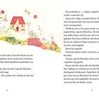 Seiten 16 und 17 aus einem Buch mit Illustrationen. Links im Bett ein Kind, rechts ein Häuschen und Pflanzen.
