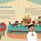 „Was für ein Fest!“ In einem festlich dekorierten Raum bereitet sich eine Familie auf das Zuckerfest vor. Majd ist aufgeregt.