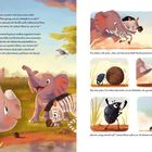 Ein junges Nashorn, Elefant und Zebra spielen. Ein Mistkäfer flieht mit Ball. Ein Vogel beobachtet. Fröhliche Stimmung.