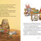 Text über Freundschaft, Kuchen und Musik. Illustration von Tieren: Biber mit Gitarre, Eule, Fledermaus und Katze am Tisch mit Kuchen.