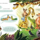 Ein Tausendfüßler sucht seine Schuhe. Tiere bieten Hilfe an. Eine Schlange fragt, wann er sie zuletzt sah. Bunte Illustration.
