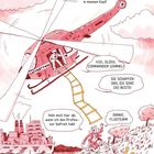 "Ich stell mir immer vor, dieses Rot wäre die Farbe in meinem Kopf." Illustration mit Helikopter, Stadt und Person auf Hügel.