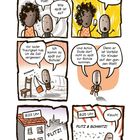 Comic-Stil mit einem Kind, das zu spät zur Schule kommt. Uhrzeiten zeigen von 8:22 bis 8:25. Schritte illustrieren Eile.
