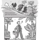 „Und schon rasen sie los! Währenddessen geht Dad spazieren.“ Illustrationen von rennenden Kindern und einem Mann, der pfeift.