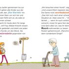 Alva und Joy gehen zur "Vier Vierteln"-Schule. Frau Weber-Knecht spricht mit ihnen. Illustrationen zeigen einen Schulweg.