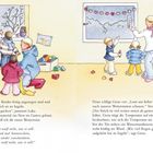 Zwei Gruppen von Kindern, die drinnen beim Fenster das Wetter beobachten; Text über Aprilwetter.