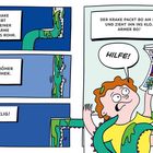 Comic: Ein Krake zieht mit einem Tentakel ein ängstliches Kind ins Klo. Text: „Voll eklig!“ und „Hilfe!“.