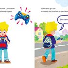 Texte: "Wow. Ein echter Controller! Der ist bestimmt kaputt. Oder?", "Fühlt sich gut an. Kribbelt ein bisschen in der Hand.", "Den nehme ich mit!" 
Ein Junge mit blondem Haar, hält einen blauen Controller, trägt einen Rucksack und läuft auf einem Gehweg.