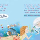 Mara hilft Kathi Qualle mit Muffins. Seehexe Fiona braut einen Trank. Illustration mit bunten Meerestieren.