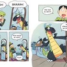 Eine Person im Drachenkostüm sieht sich im Spiegel. Der Spiegel zeigt einen echten Drachen, der ein Sandwich hält.