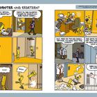 "Werden Roboter uns ersetzen?" Illustration mit einem Roboter, der im Büro Aufgaben doppelt so schnell erledigt. Humorvoller Ansatz.